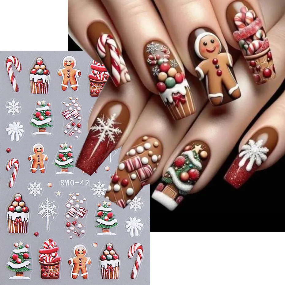 Pegatinas de uñas de Navidad en relieve 5D, calcomanía de uñas de hombre de jengibre, copo de nieve, muñeco de nieve, pingüino, suministros de decoración de otoño e invierno