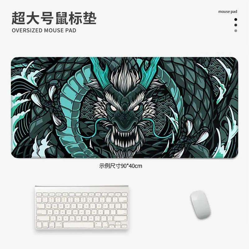 VIKAMA Vintage Tattoo Hannya Snake XXL Desk Mat Anti Slip Waterproof Japanese Wave Lotus Keyboard Mouse Pad Gaming Room Decor