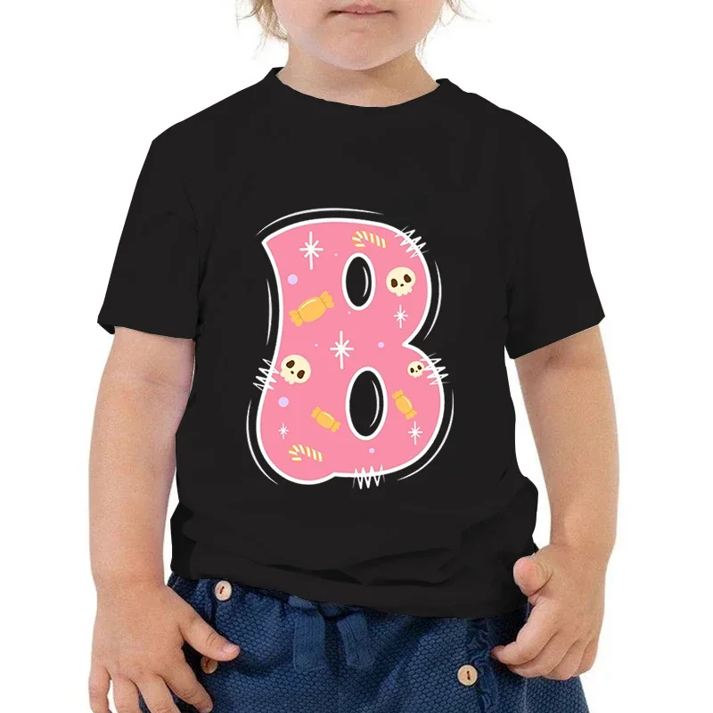 

Cute Skull Halloween Letter A-Z Kids Clothes Short Sleeve T-shirt Children Doughnut Alphabet Sweatshirt Cartoon Boy Girls Tshirt