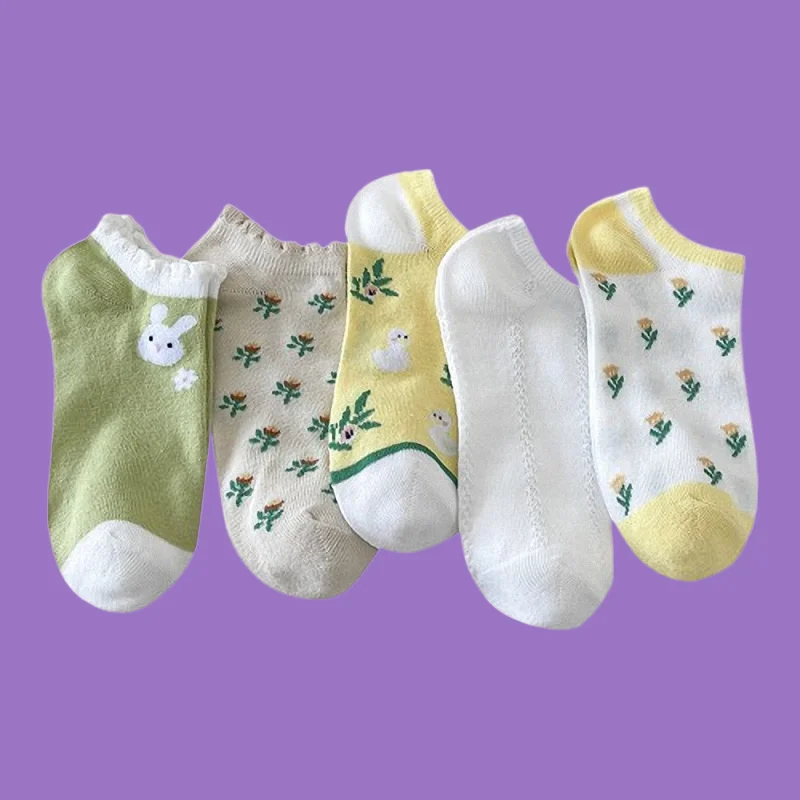 

5/10 Pairs Summer Women's Socks Invisible Ladies Pastoral Style Socks Middle School Students Thin Small Flower Boat