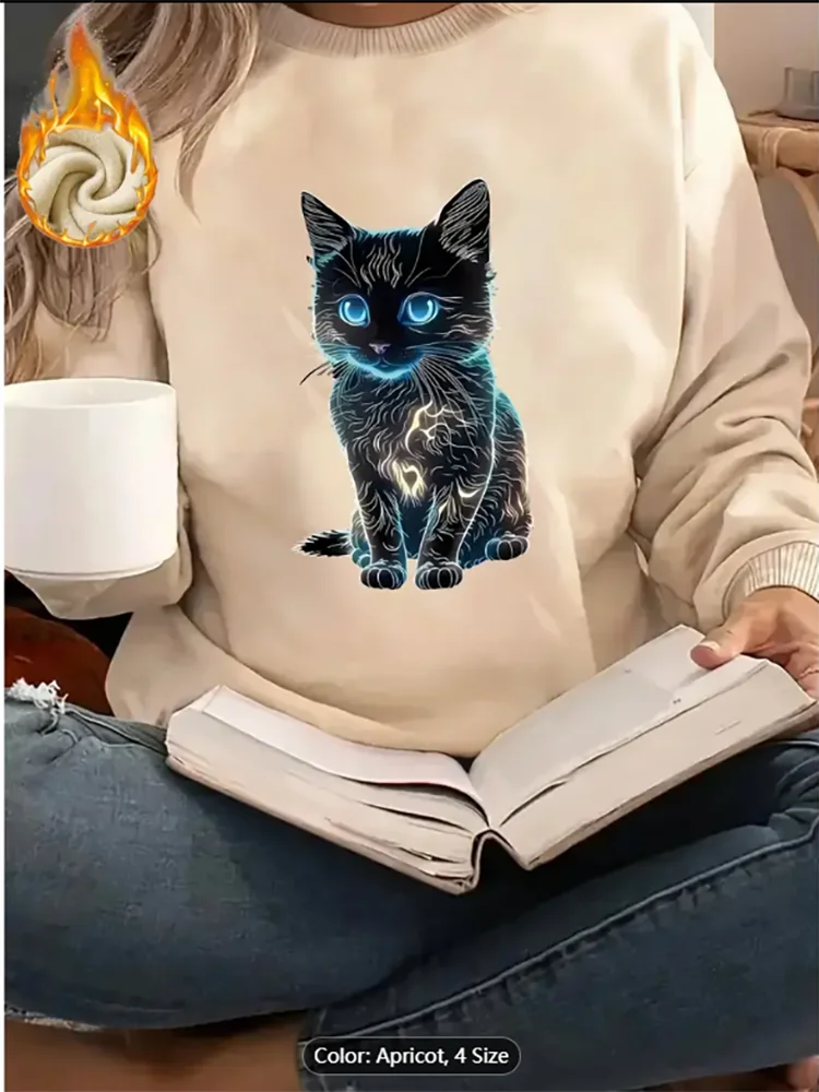 Sweter Abu-abu Muda Wanita Atasan Pullover Besar Kasual Berlapis Bulu Cetak Grafis Kucing Hitam Neon untuk Pecinta Kucing Katun Murni
