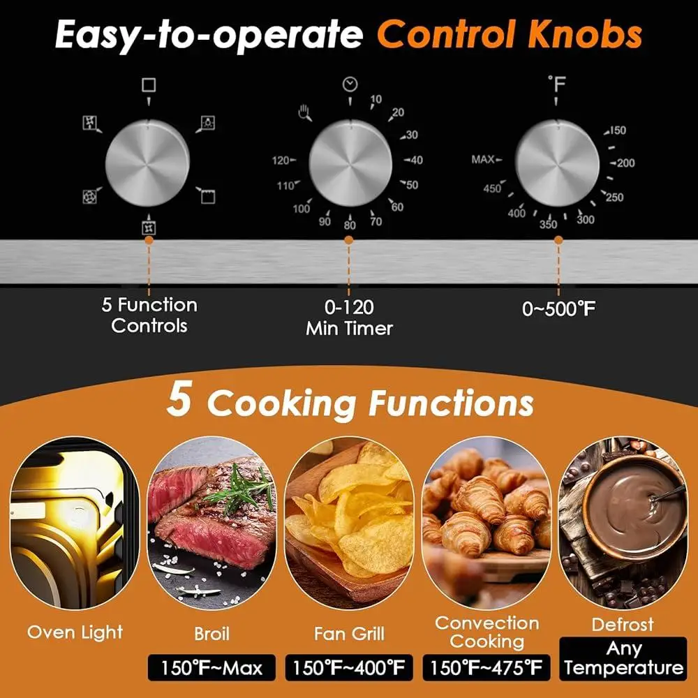 Horno de pared eléctrico de 24 pulgadas, horno de convección de acero inoxidable integrado de 2300W, 5 modos de cocina, circulación de aire caliente de 360 grados