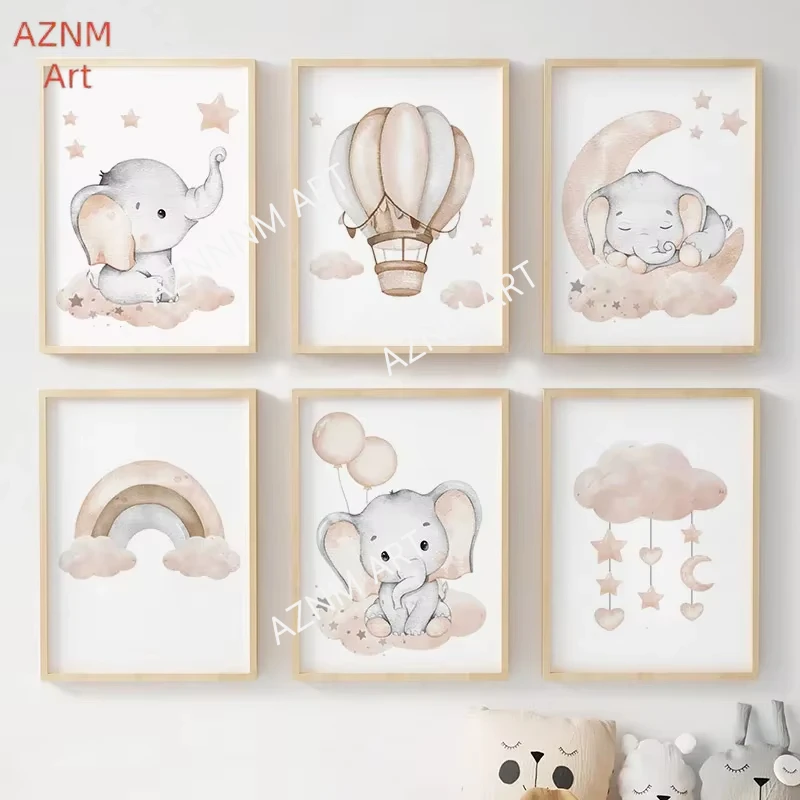 Elephant Balloon Rainbow Moon Stars Cloud Swing Baby Kids Posters For Wall Art Nursery Canvas Prints Home Room Decor Pictures