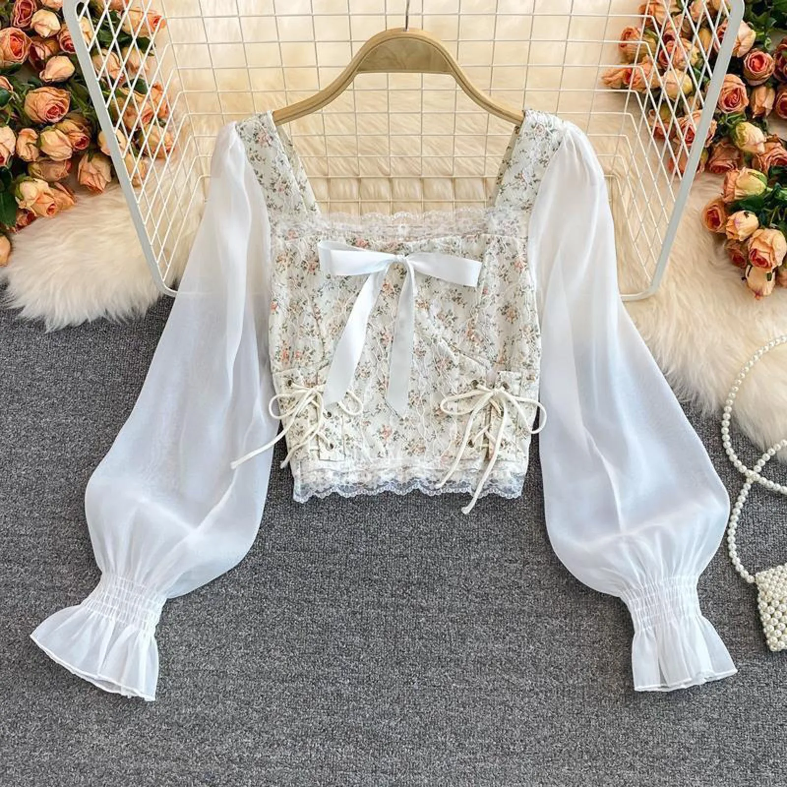 

Женская модная рубашка, милая атмосфера, кружевной тонкий короткий топ с высокой талией, милый шифоновый тонкий блузки высокого качества с квадратным воротником