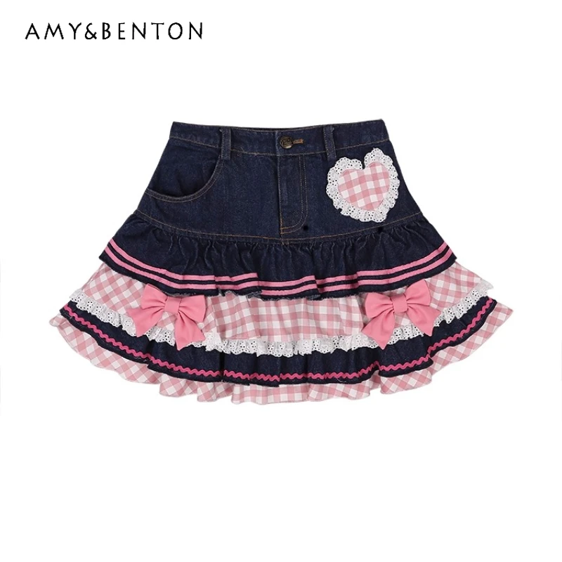 

Japanese Blue Cute Girl Heart Denim Women's Skirt Summer New Bow Lace Splicing Design Loose Versatile Puffy Short Skirts Ladies