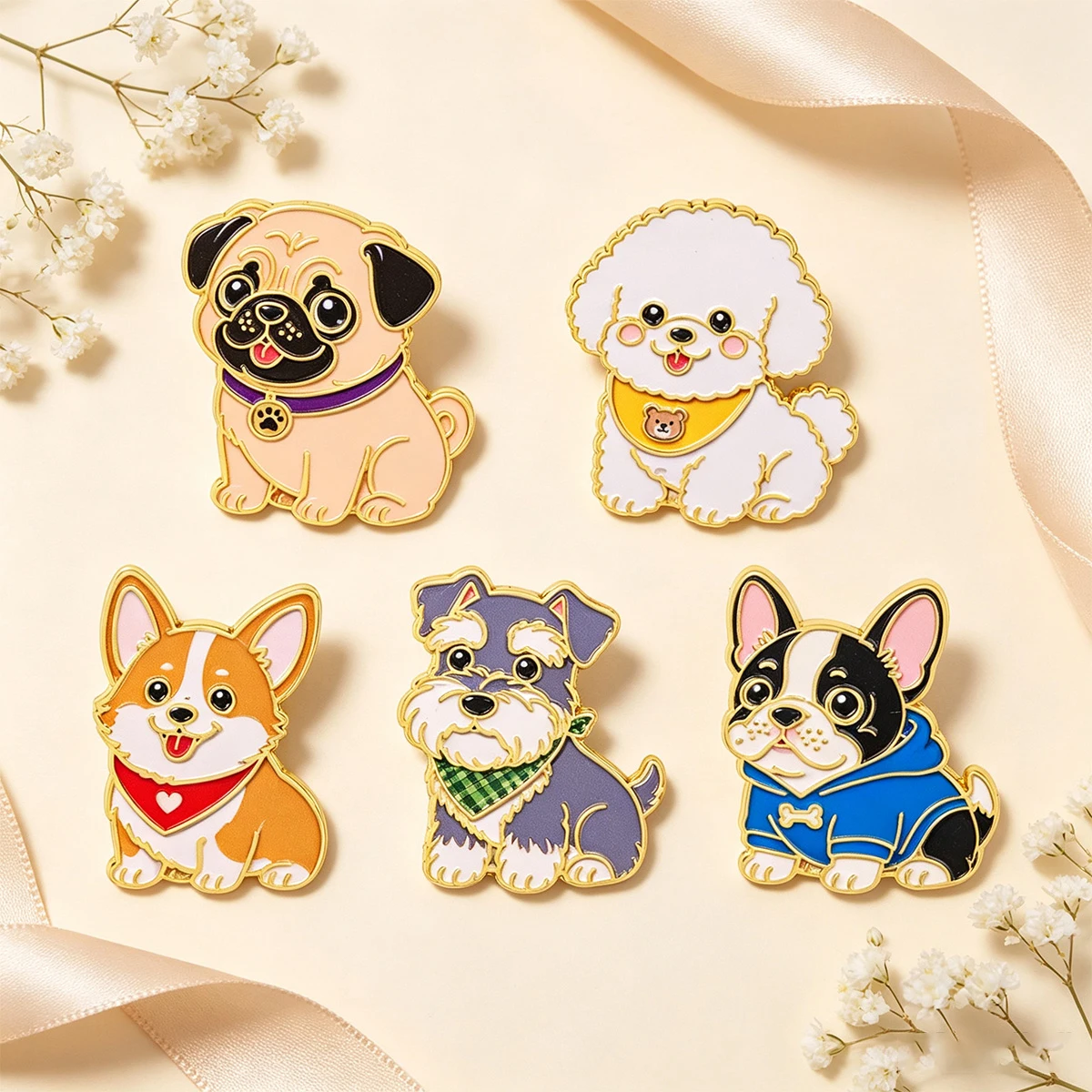 5 Stück niedliche Hundemotive als Emaille-Anstecknadeln, Cartoon-Bulldoggen-Brosche für Mäntel, Damen-Broschen, Anstecknadeln für Kragen und Revers, Metallabzeichen, Schmuck, Geschenke für Tierliebhaber. – Detail 3