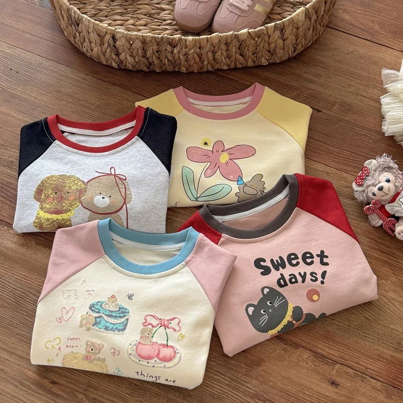 

Children's Long SleeveTT-shirt Base Shirt Versatile Spring and Autumn Cartoon Girls Color Block Cute Stylish Topt