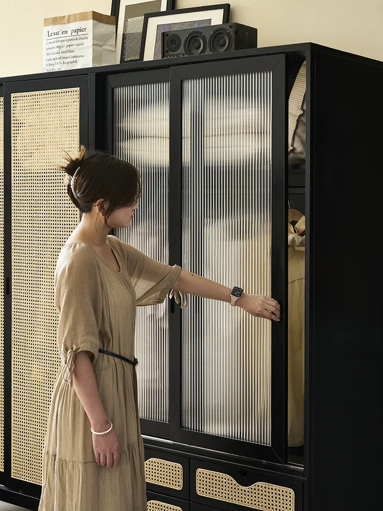 مجموعة خزانة ملابس من الخيزران الفرنسي القديم، وخزانة باب منزلية صغيرة #6