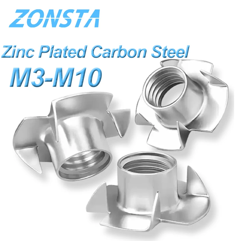 5/10/50Pcs Zinc Plated Carbon Steel Four Claws Nut Speaker T-nut Blind Pronged Insert Tee Nut M4 M5 M6 M8 M10 Furniture Hardware