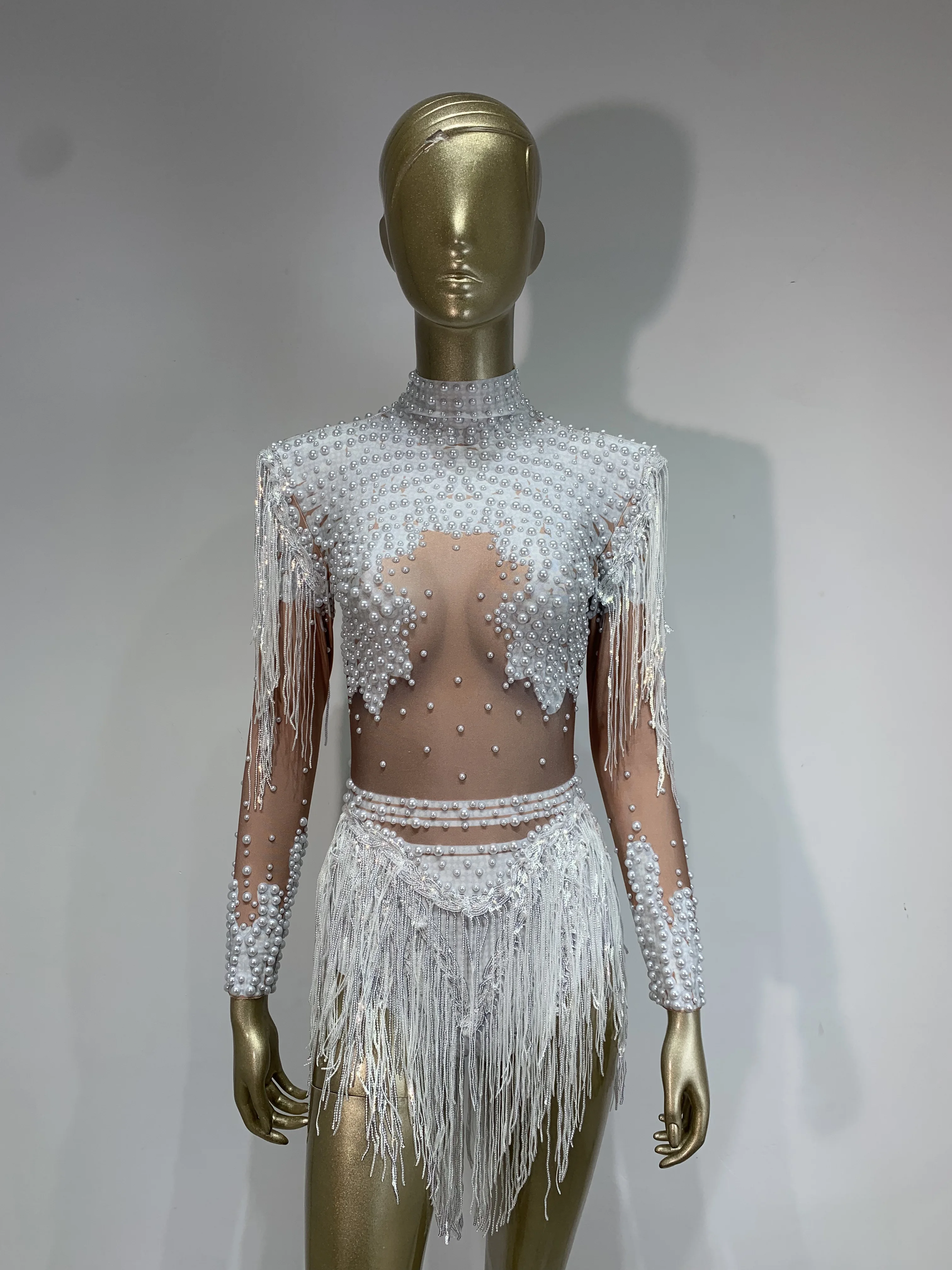 

Женское облегающее боди с длинными рукавами и жемчужными блестками и кисточками, костюм для празднования дня рождения, бара, танцовщицы, блестящий сценический наряд