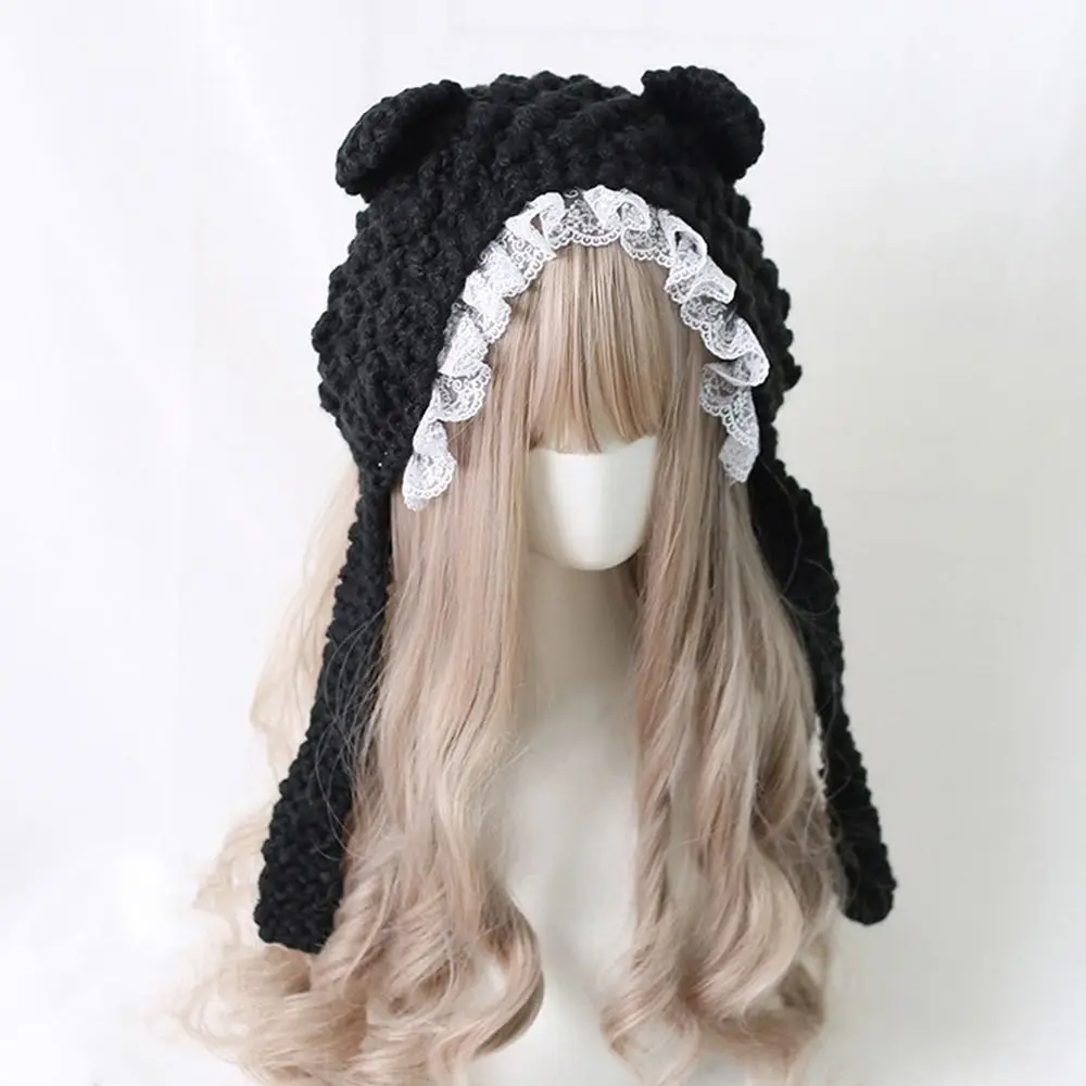 

Fashion Cartoon Knitted Cat Ear Hat With Bow Casual Winter Warm Cap Cute Ear Protection Photo Props Cap for Women
