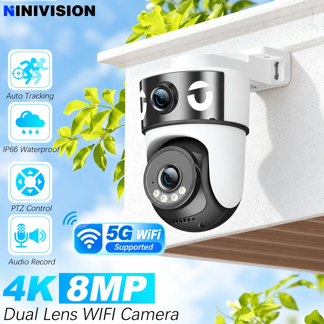 Dual-Objektiv Dual-Bildschirm 4K 8MP 5G&2.4G WLAN Heimüberwachung PTZ-Kamera KI-Auto-Tracking Drahtlose CCTV-Außen-Sicherheitskamera
