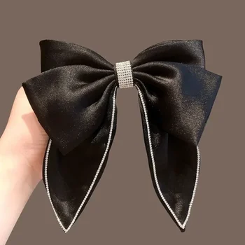 Korean Black Ribbon Bow Hair Clips for Women Elegant Ponytail Spring Clip Crystal Hairpins Barrettes Headdress Hair Accessories