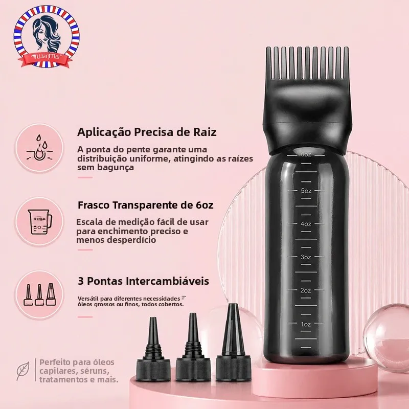 Garrafa de aplicação de óleo capilar, com 3 tampas de boca pontiagudas e pente de raiz de garrafa de tintura de cabelo de 6 onças, adequado para couro cabeludo (preto e branco)