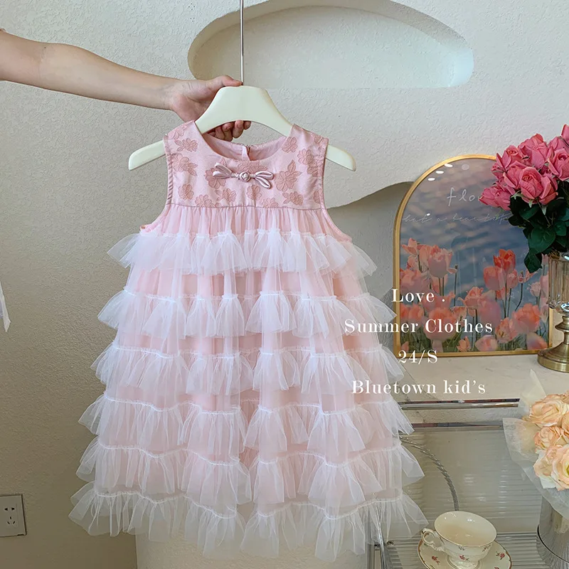 Children's Clothing Girls' Dress2024Summer New Children's Fairy Cake Layer Vest Skirt Stitching Mesh Skirt