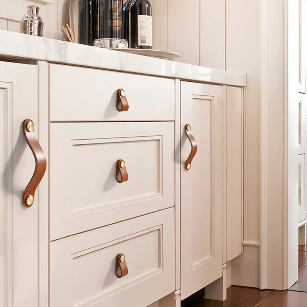 Tiradores de puertas de estantería, manija de gabinete ecológica, manija de muebles, manijas de puertas de cuero, tiradores de cajón, 2 uds.