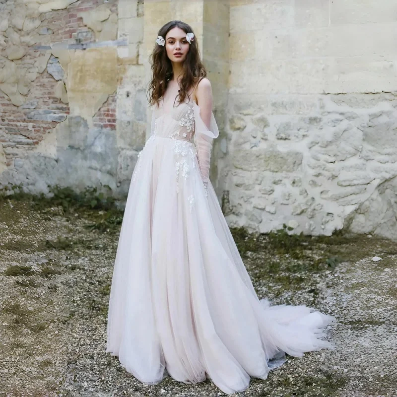 Illusion Off The Shoulder Tulle Wedding Dresses Sweep Train 3D Flower Appliqued Evening Gowns Customizable