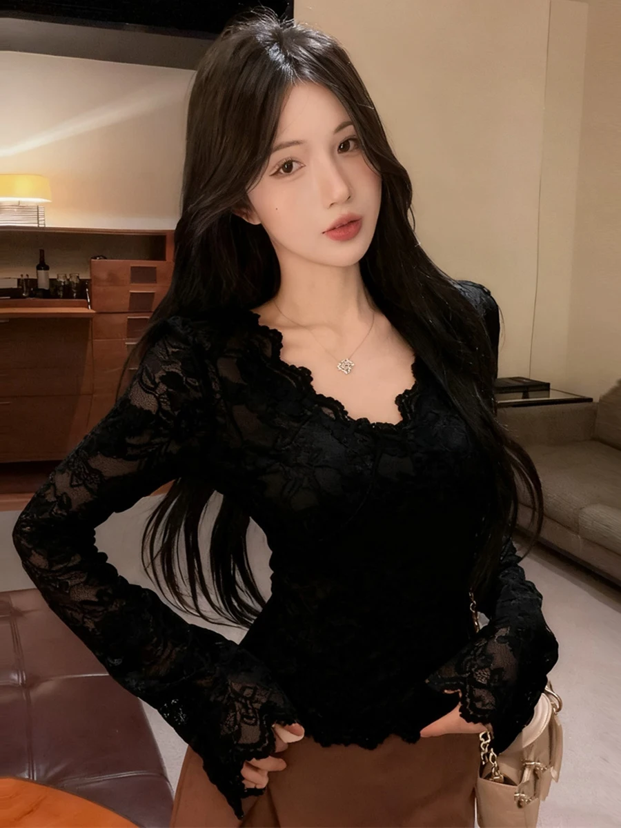 Pure Desire Gentle Style Fleece Lined Lace Long Sleeve Hollow out Embroidery Slimming V Neck Pullover Top for Women