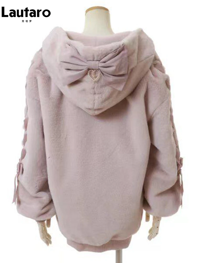 Lautaro Herbst-Winter Dicker Warmer Süßer Niedlicher Rosa Kunstpelzmantel mit Kapuze für Damen mit Hasenohren, Schnürung, Lose Kleidung, Flauschige Jacke
