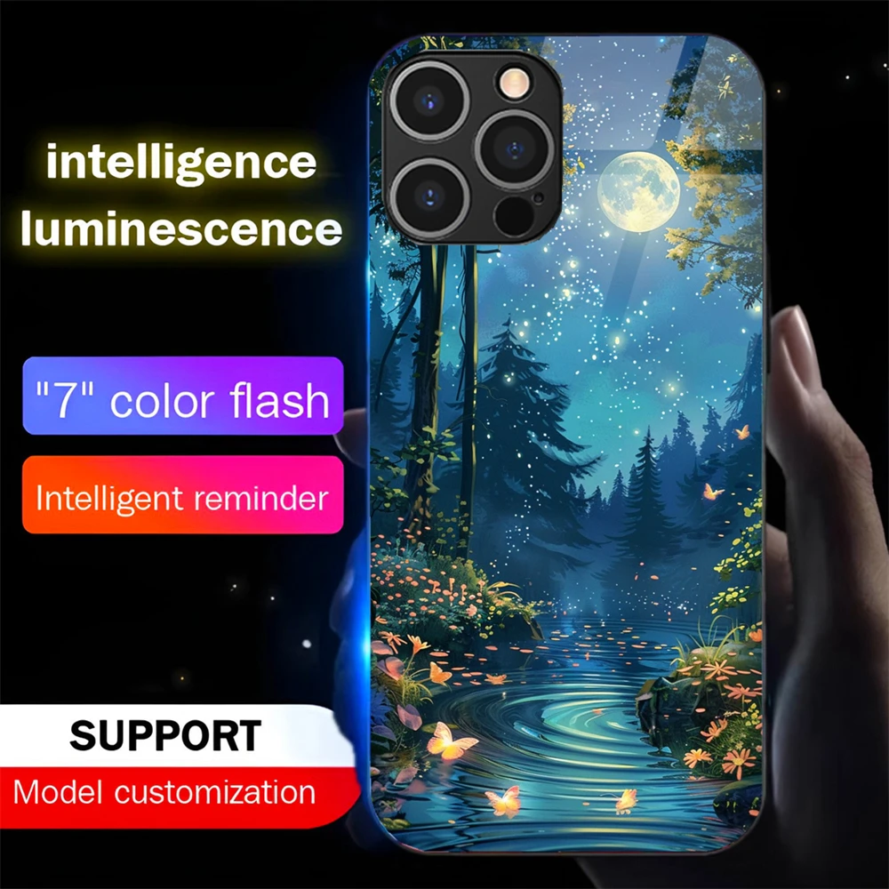 

Pretty Dreamy Forest LED Music Flash Phone Back Cover Glowing Glass Case For iPhone 16 E 15 14 13 12 11 Pro Max X XS XR Plus SE