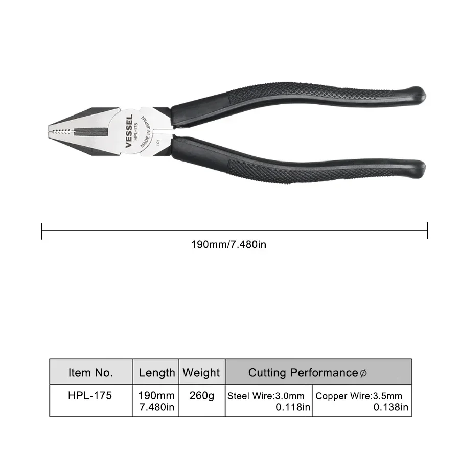 VESSEL Electrical Wire Cutter Plier Combination Pliers Strong Steel Wire Pliers 175mm Professional Cables Wire Cutter HPL175