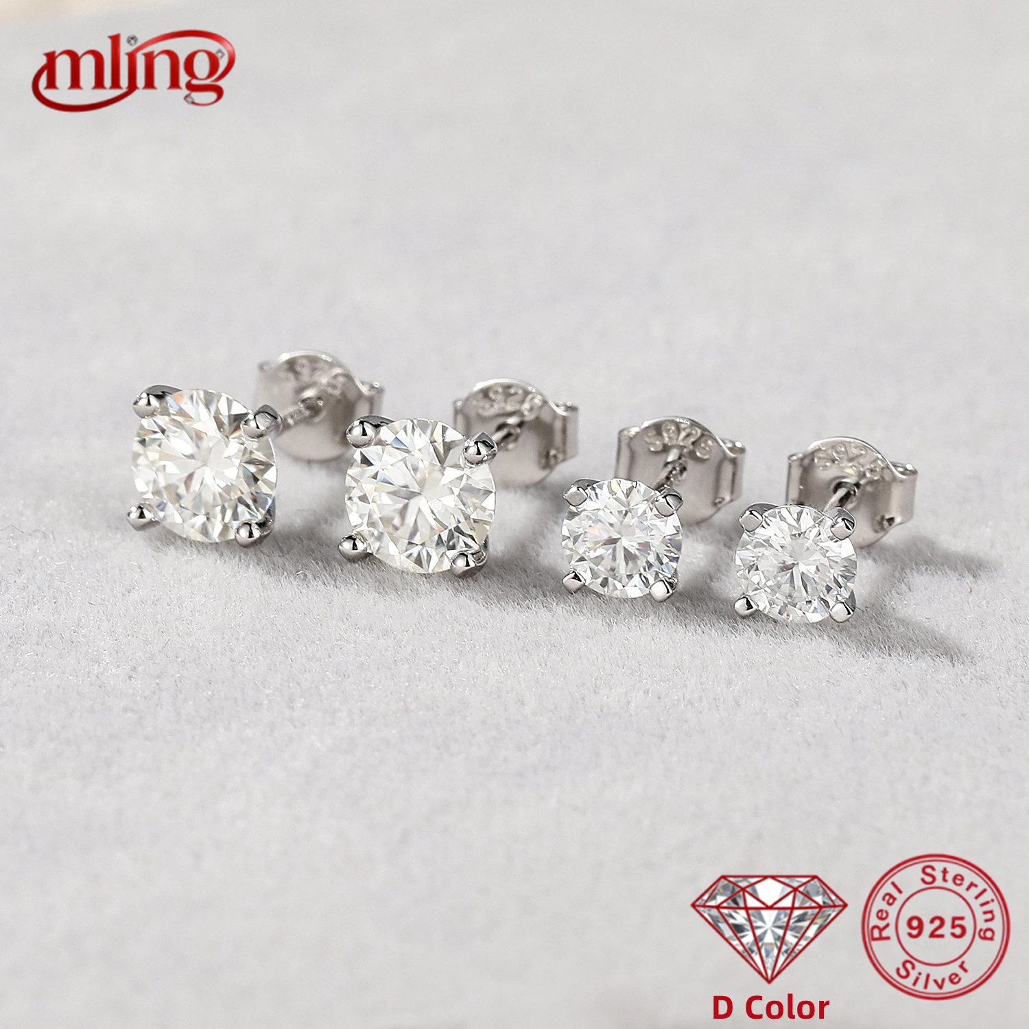 

MLING 0.03-1.2 CT D Color Four Prong Moissanite Sparkling Ear Stud Earrings For Women 925 Sterling Silver Piercing Earring Gift