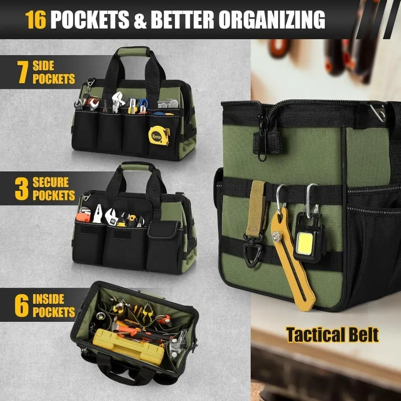 Heavy Duty Tool Bag 15 Inch, 16 Pocket Portable Soft Tool Box Storage Bag, Handle Carry Empty Tool Box with Large Zipper