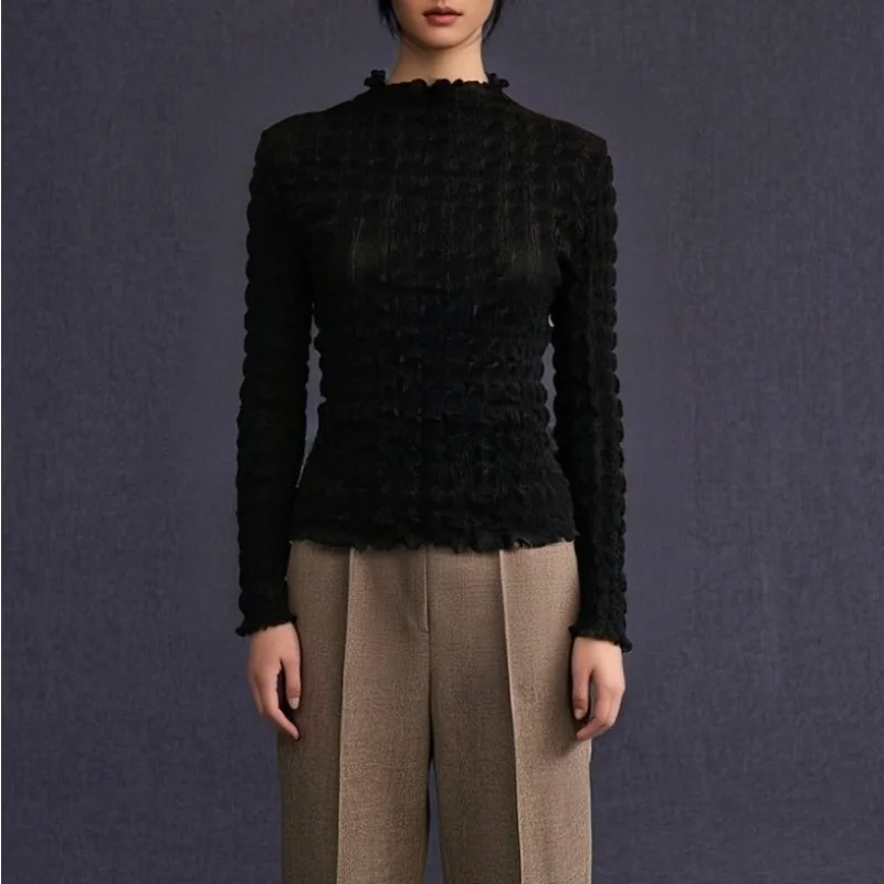 Miyake Pleated T-shirt Lace Bottom 2025 Fall Winter New Stereoscopic Embossed Slim Half-high Neck Long-sleeved Blouse Female