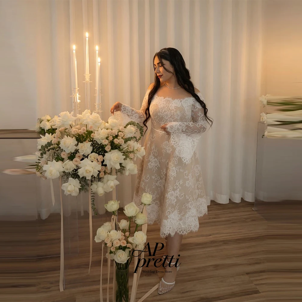 AP pretti Lovely Lace Wedding Dresses One Line Customized Full Sleeve A-line Tea-Length Bridal Gown 2026 Vestidos Novias Boda