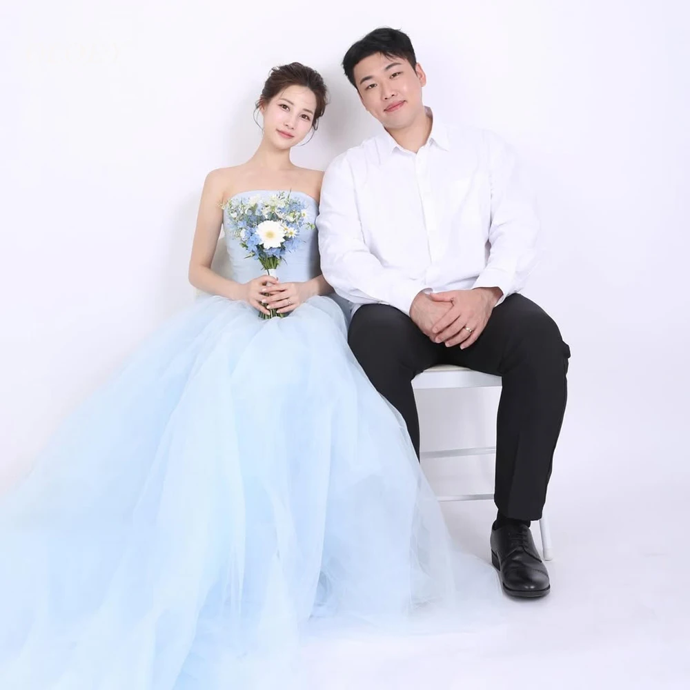 

OLOEY Elegant Sky Blue Korea Wedding Dresses Strapless A-line Bridal Gown Fariy Soft Tulle Photo Shoot Dresses Customized 2025