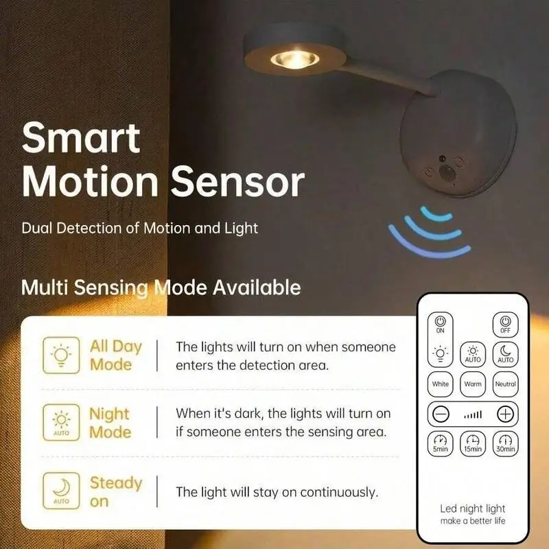 LED Wall Light with Remote Control, 2 Pieces Rechargeable Wall Mounted Reading Wall Lights 1200mAh, 3 Colors and Timer Switch