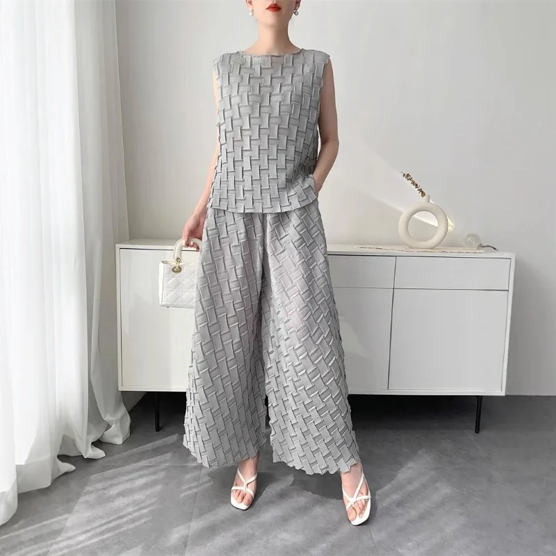  Handmade Pleated Set Women Summer New Sleeveless Vest Top Flared Pants Comfortable Casual Loose Large Size with Stretchy