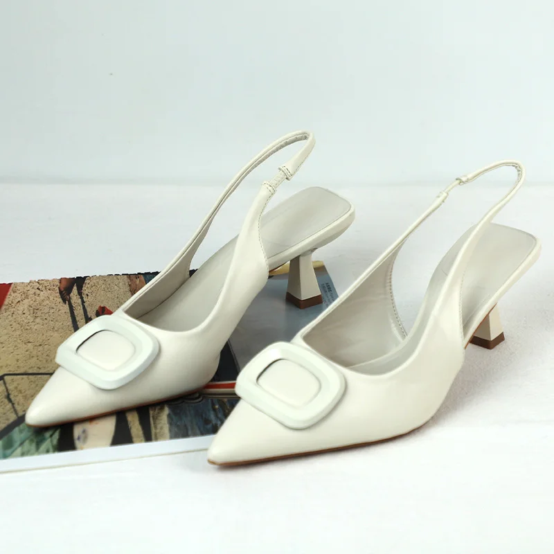 

Chic White Point Toe Slingback Heels Women Summer Sandals 2025 Fashion Designer Brand Square Buckle Lady Shoes Mid Heel Elegant