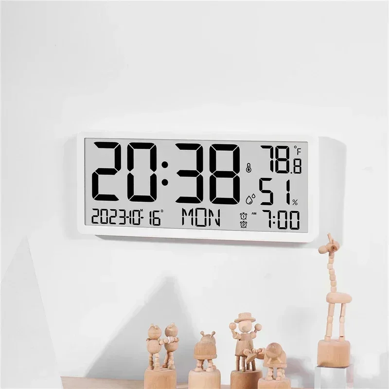 LCD Digital Wall Clock Dual Use Desktop Clock Battery Powered Electronic Alarm Clock with Temperature Humidity Date Week Display