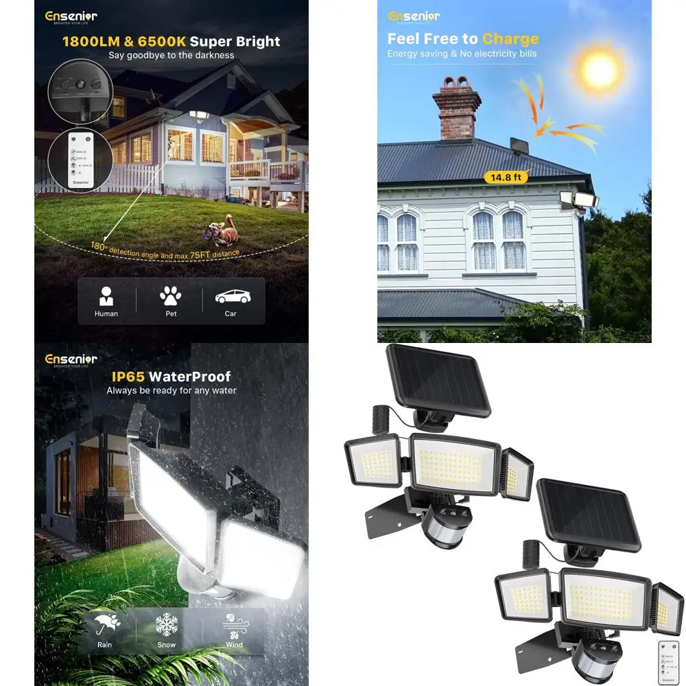 

Outdoor 1800LM Motion Sensor Security Light, 6500K Daylight, IP65 Waterproof, Separate Control Panel, 5 Sensors, 3 Adjustable He