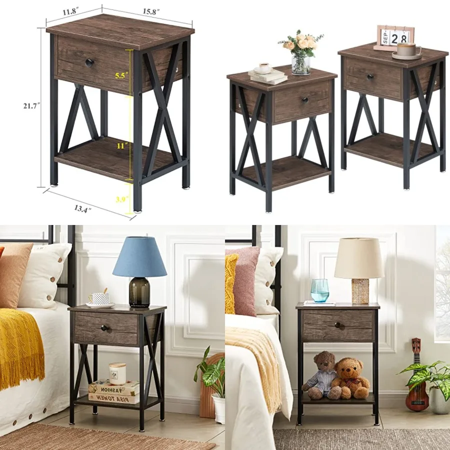 

Nightstands Set of 2, Modern Bedside End Tables, Night Stands with Drawer and Storage Shelf for Living Room Bedroom, Industrial Metal Frame