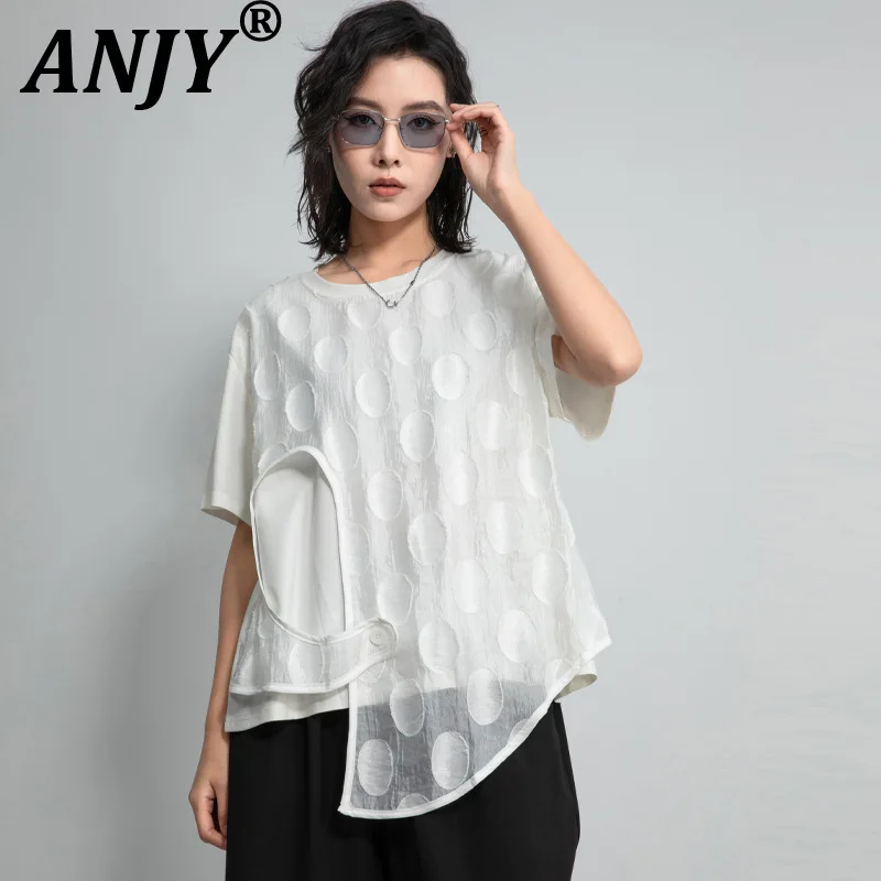 

ANJY Summer New Women Stylish Asymmetrical Patchwork O-Neck Short Sleeve T-shirt Chic Ins Loose Casual Fake Two-Piece Top A21490