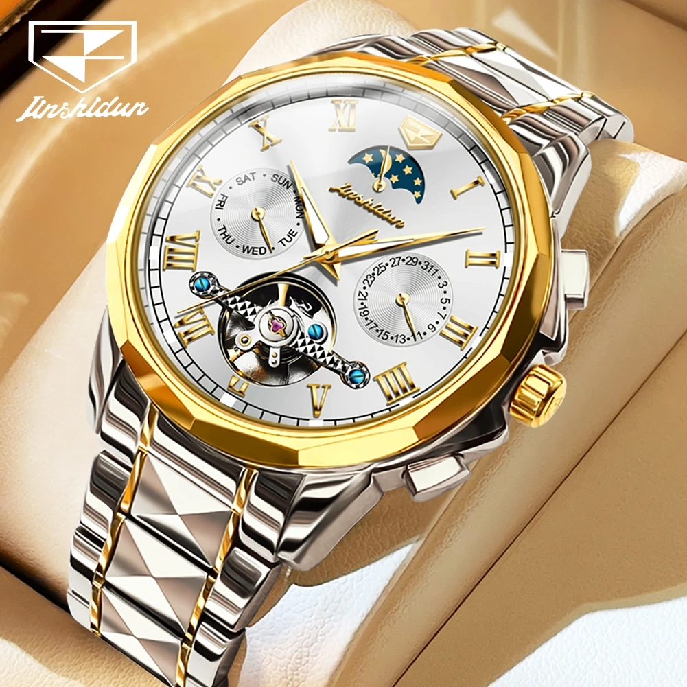 JSDUN-Reloj de pulsera de acero de tungsteno para hombre, cronógrafo multifuncional de lujo, resistente al agua hasta 50ATM, fase lunar, 8937