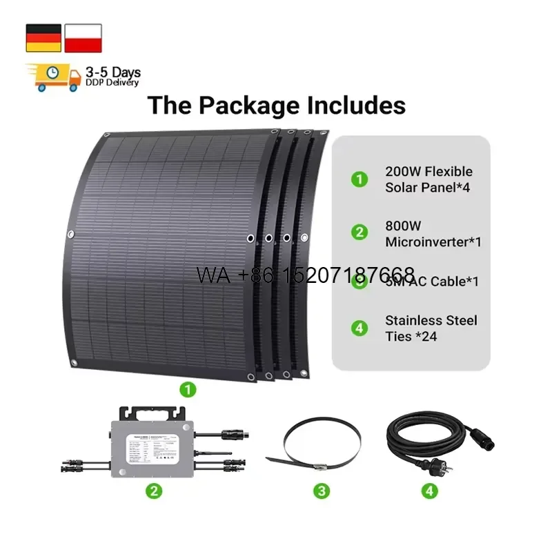 Wmwmnu EU Stock 4pcs 200W Flexible Solar Panel 800W Micro Inverter Kit for Balcony Car Boat Home DIY Photovoltaic System
