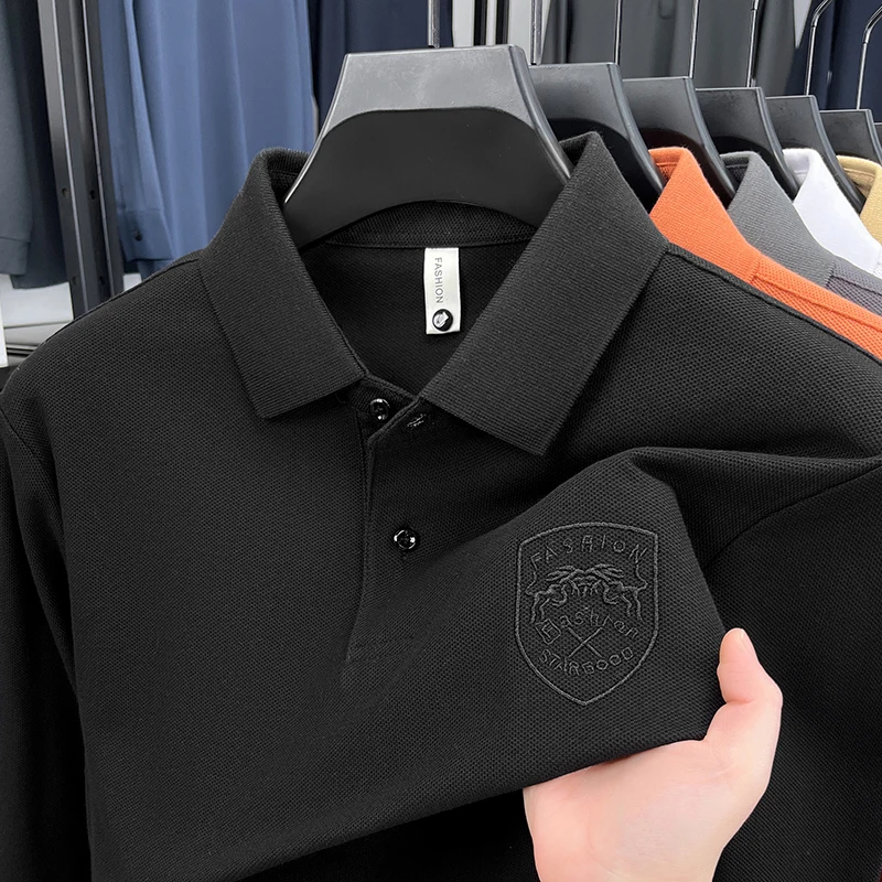 قميص بولو رجالي فاخر بأكمام طويلة وطية صدر السترة 100% قطن قابل للتنفس ومضاد للبيلينغ ملابس رجالية كلاسيكية عصرية متعددة الاستخدامات #3