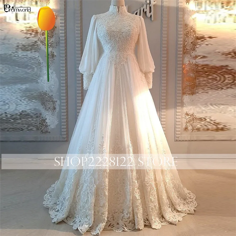 High Neck A-Line Muslim Wedding Gowns for Women 2025 Bride Lace Long Sleeve Bridal Dress Appliques Dubai Abito Da Sposa