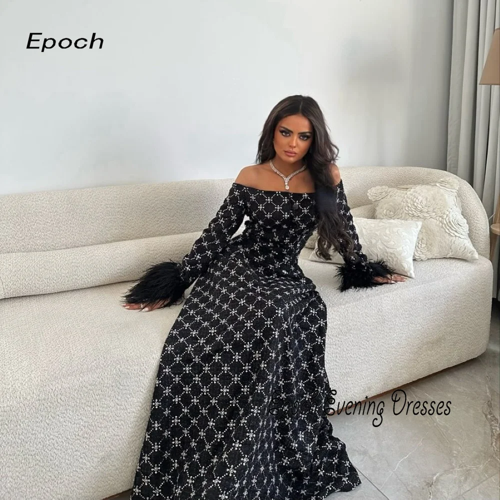 Epoch-vestido de fiesta largo hasta el suelo para mujer, prenda elegante con cuello Barco, lentejuelas brillantes, plumas, sirena