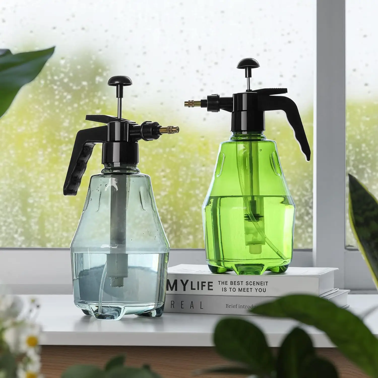 Pulverizador de jardín a presión de 1,5 l con boquilla larga, regadera presurizada para plantas de interior y exterior, pulverizador ajustable