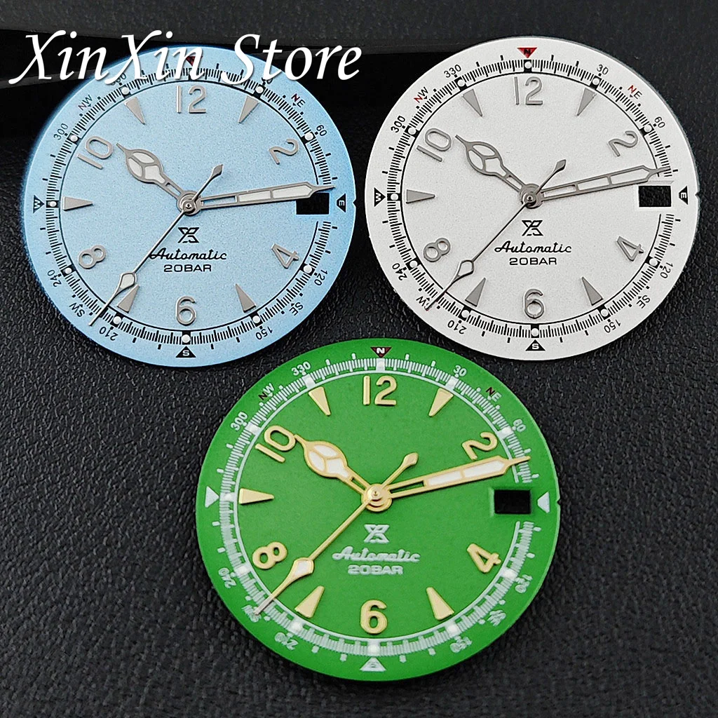 28.5mm White Dials Matte  NH35 Retro Watch Dial With Hands Green Luminous For NH35 NH36 4R Movement Watch Modified Accessories