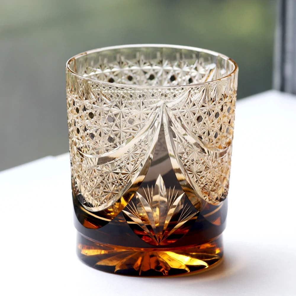 Edo Kiriko Crystal Whiskey Glasses Handmade Japanese Cut Glass 8.5 oz  Black and Amber Gradient Bourbon Cocktail Glasses Gift