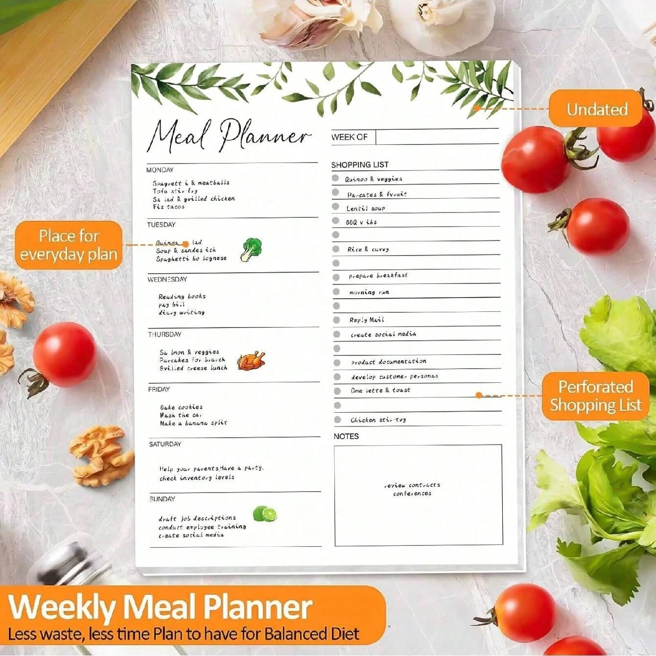 Magnetic weekly meal planner, refrigerator with 52 uncoated and tear off paper shopping lists for meal planning laptops