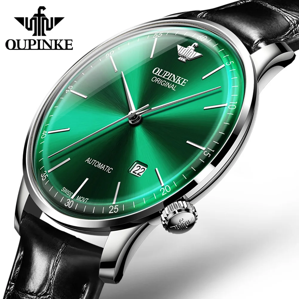 

OUPINKE Man's Automatic Mechanical Wristwatches Luxury Forest Green Dial Leather Strap Fashion Male Waterproof Luminous Reloj