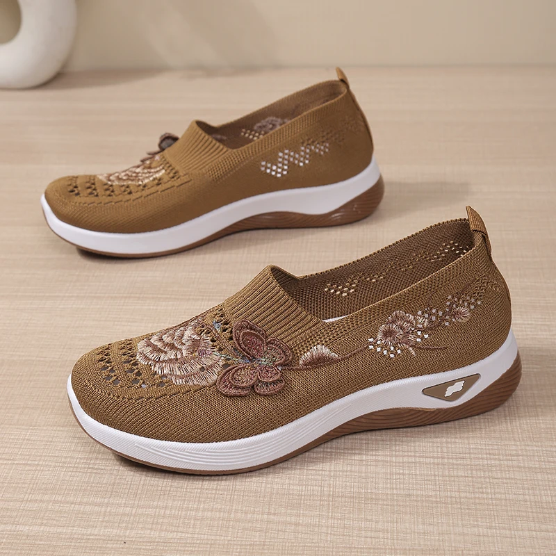 Breathable Open Hole Knitted Casual Shoes for Seniors, Cloth Flower Ornament Slip On Footwear, Soft Outdoor Daily Sneakers view 6