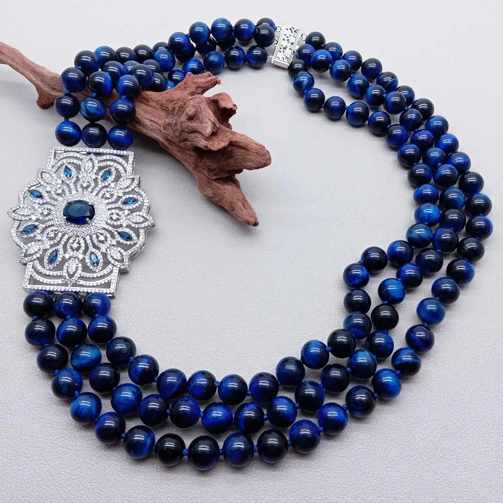 

Y·YING 3 Strands Blue Tiger Eye Chunk Coller Choker Necklace Big Cz Pendant Jewelry Accessory
