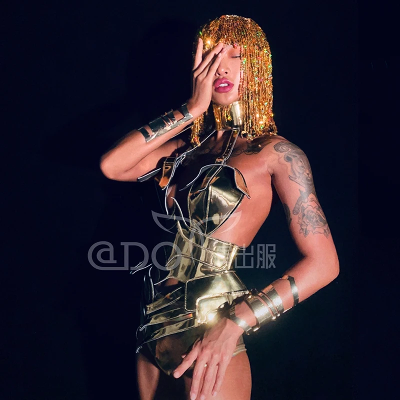 Drag Queen Outfits Women Stage Costume Golden Armor Futuristic Performance Suit Nightclub Gogo Dance Wear Party Rave Outfit 4260